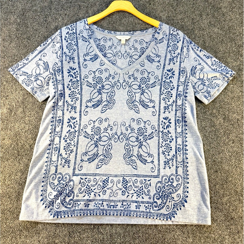 Lucky Brand Womens M Blue White Floral V-Neck Short Sleeve Knit Tee Shirt